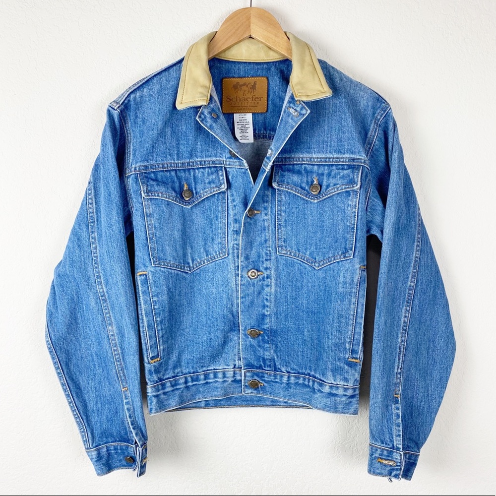 VINTAGE SHAEFER denim & leather jean jacket sh3 - Picture 1 of 8